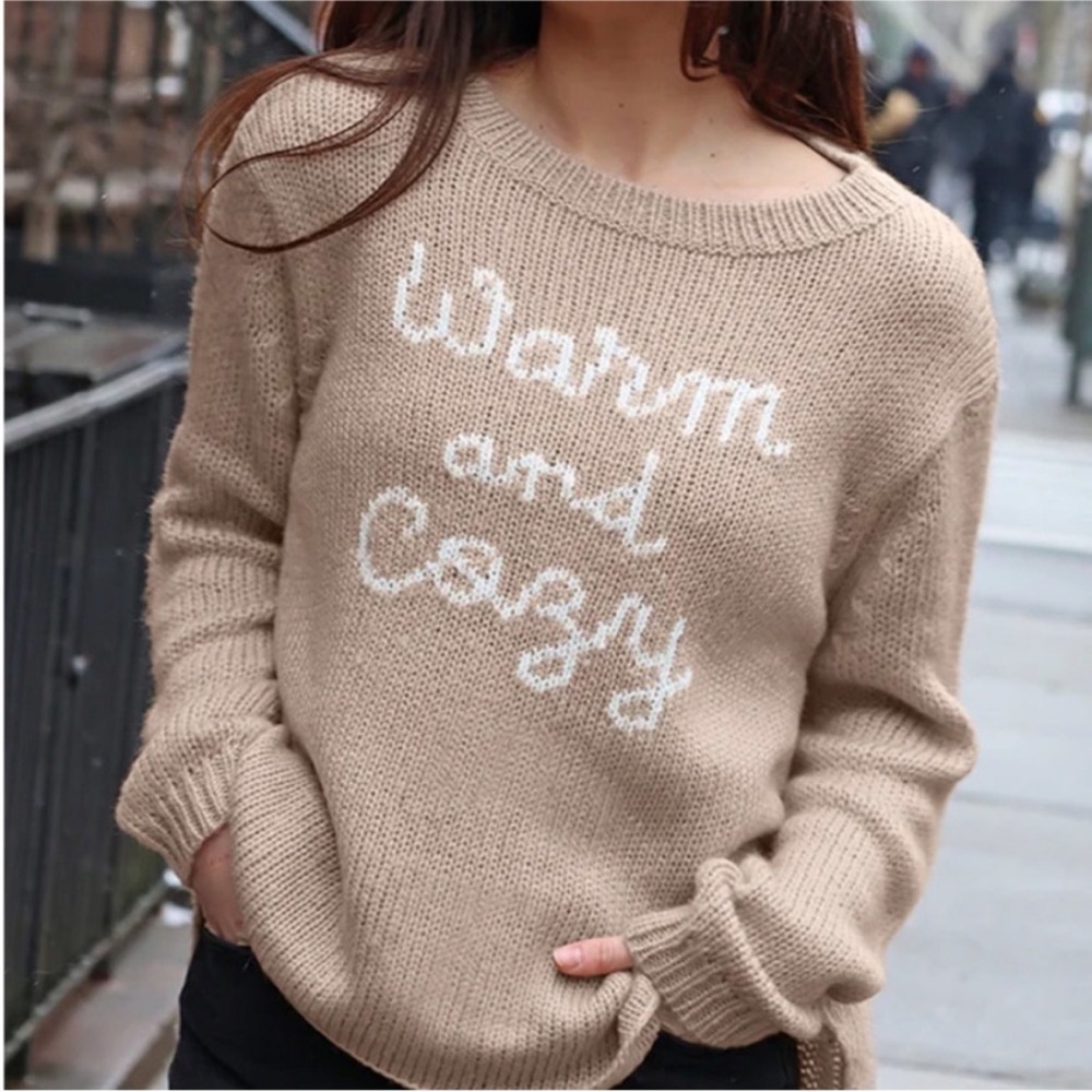 Wooden Ships Warm and Cozy Crewneck Sweater Tan White Mohair Wool Medium Large